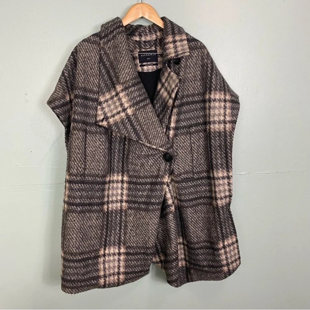 All Saints Wrenley Wool Blend Check Plaid Cape Vest Black Cream M & L Chunky‎ - Picture 3 of 8